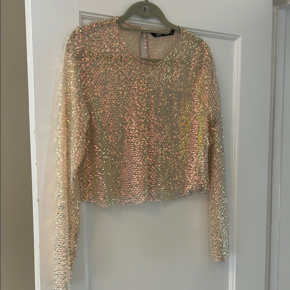 Zara Iridescent Sequin Long Sleeve Blouse - Cream
